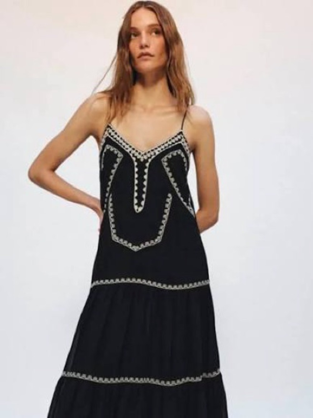 Zara Black Maxi Slip Dress with Cream Embroidery